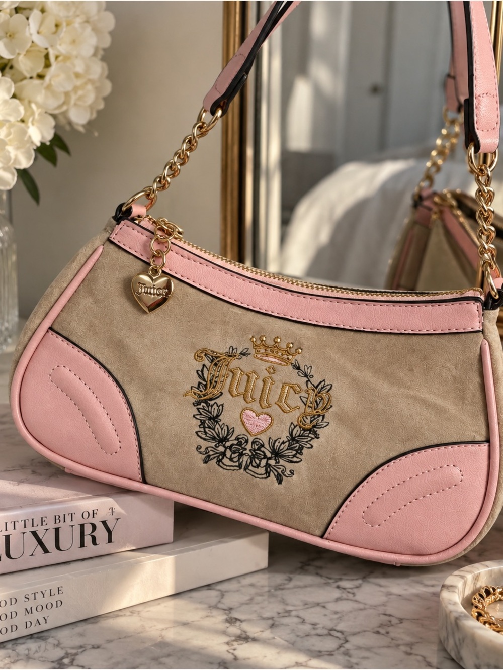Juicy Couture Brown & Pink Velour Heritage Crest Shoulder Bag